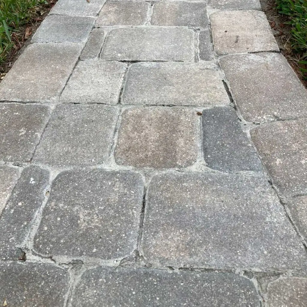 Walkway pavers with failed, deteriorating sealer and eroded joint sand before stripping and resealing